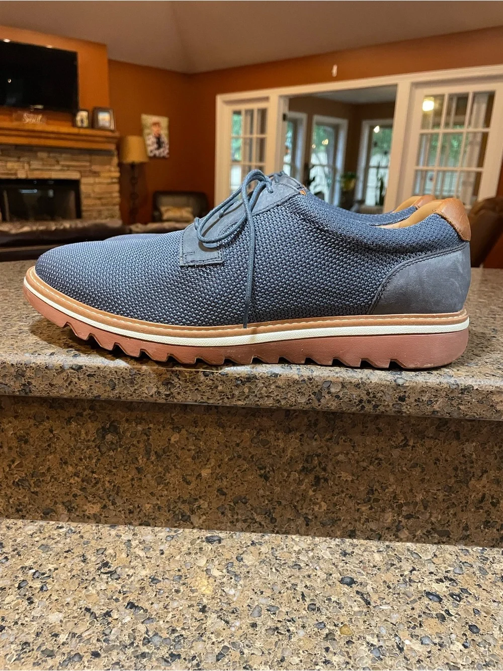 Men's Navy Knit Derby with Brown Trim — Casual Dress Shoes